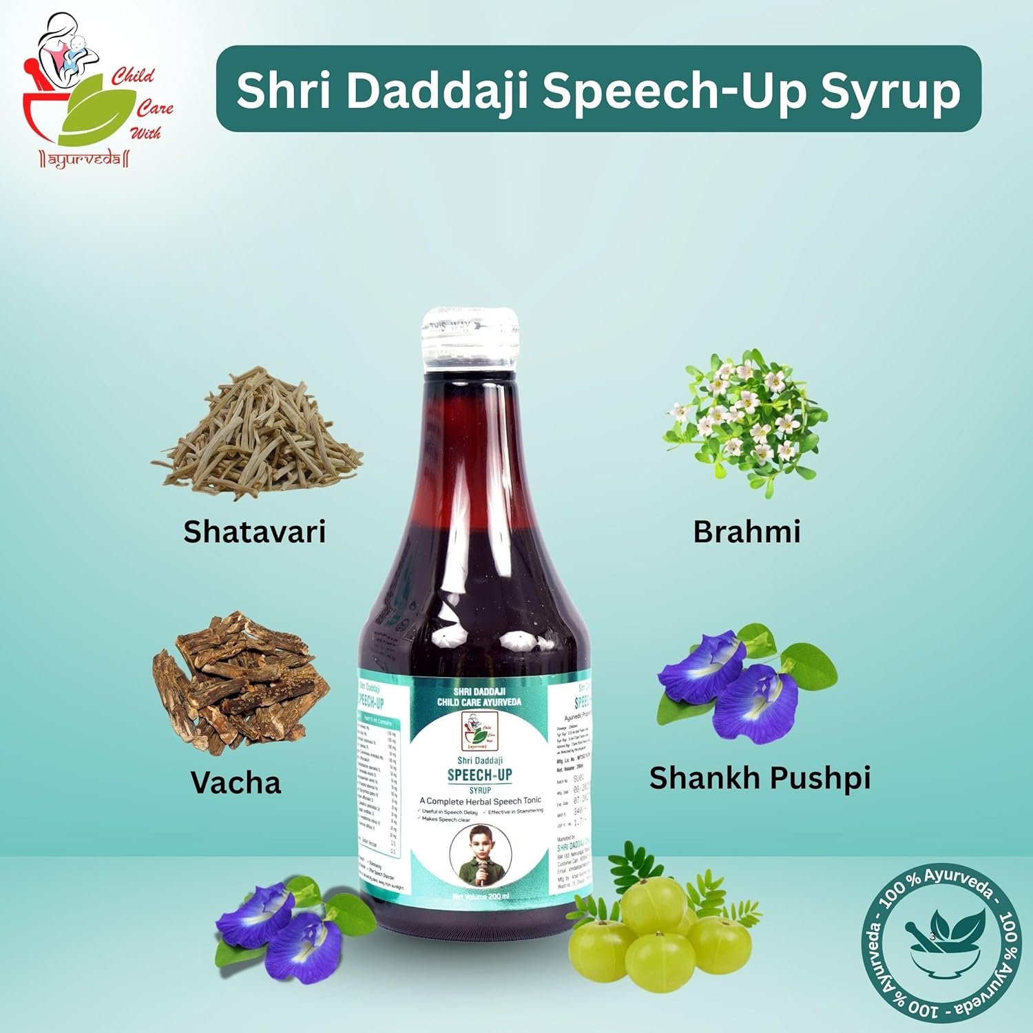 Shri Daddaji Speech-Up Syrup, 200ml, Ayurvedic Herbal Speech Tonic with Vacha, Brahmi and Shankhpushpi, Useful in Speech Delay, Makes Speech Clear