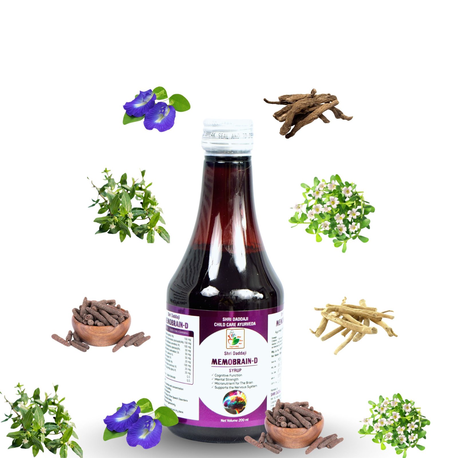 Shri Daddaji Memobrain-D Syrup 200ml | Ayurvedic Brain Tonic for Kids | Supports Cognitive Function, Mental Strength, Speech Delay, Concentration & Hyperactivity | Herbal Memory Booster