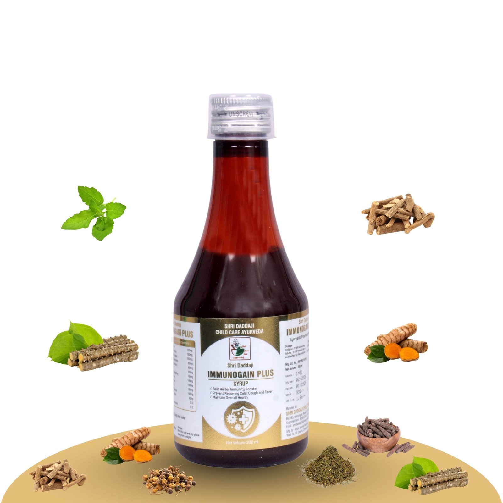 Shri Daddaji Immunogain Plus Syrup, Herbal Immunity Booster for Kids, Syrup Form, with Tulsi, Guduchi and Turmeric, 200 ml
