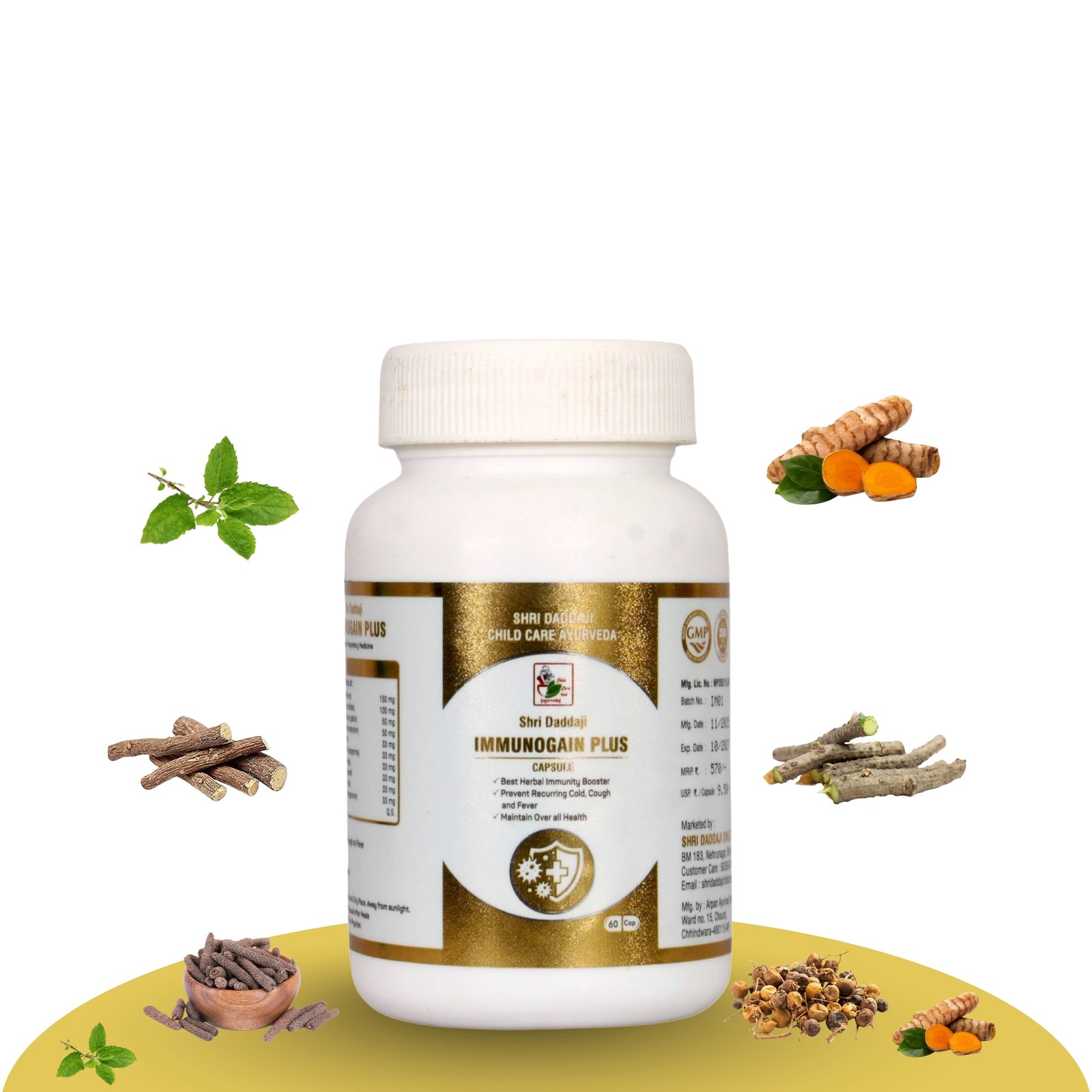 Shri Daddaji Immunogain Plus Capsule | Ayurvedic Immunity Booster | Helps Prevent Recurrent Cold, Cough & Fever | Supports Overall Health | 60 Capsules