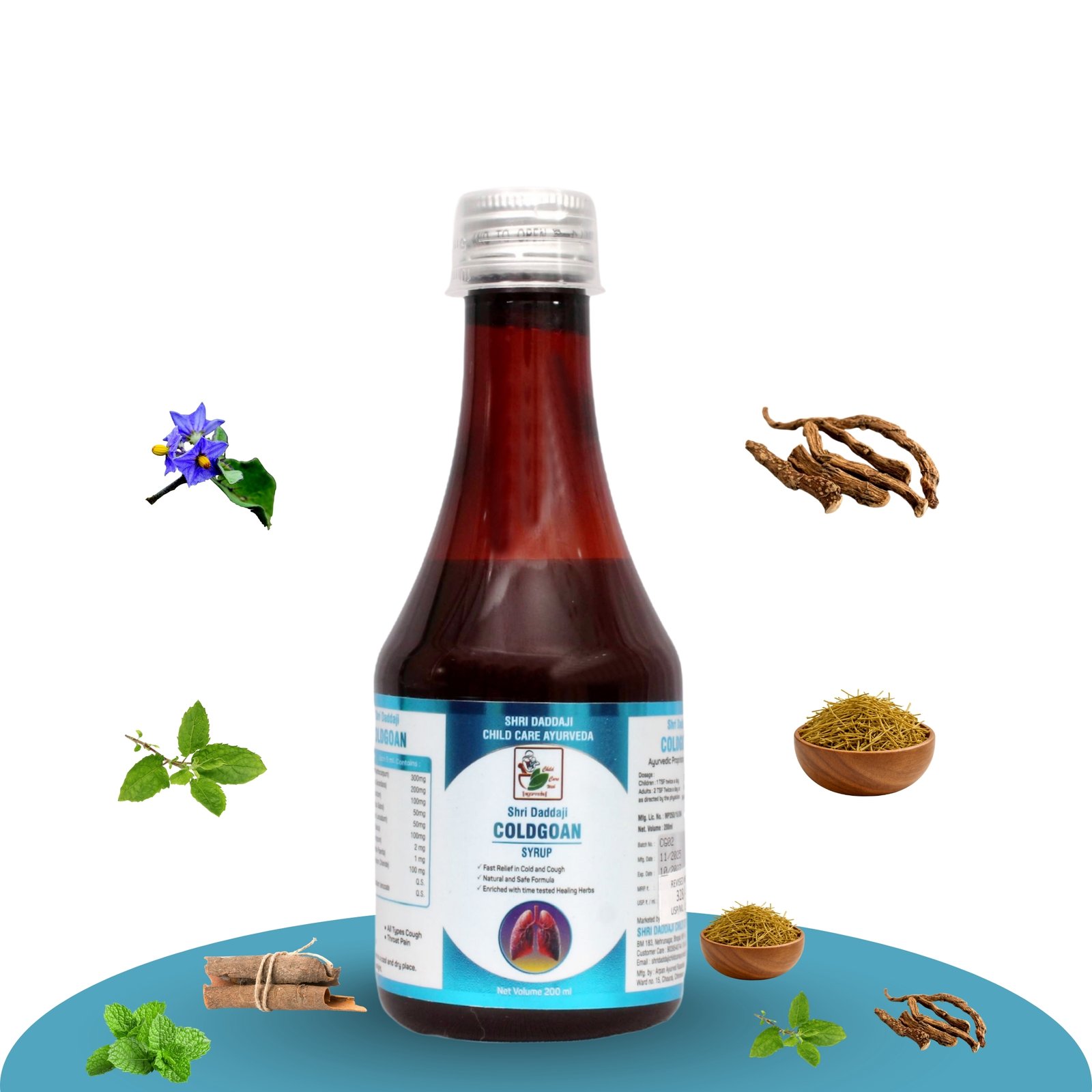 Shri Daddaji Coldgoan Syrup 200 ml | Ayurvedic Cold & Cough Syrup for Children | Helps in Cold, Cough, Sinusitis & Throat Pain | Natural Herbal Formula with Tulsi, Vasa, Somlata