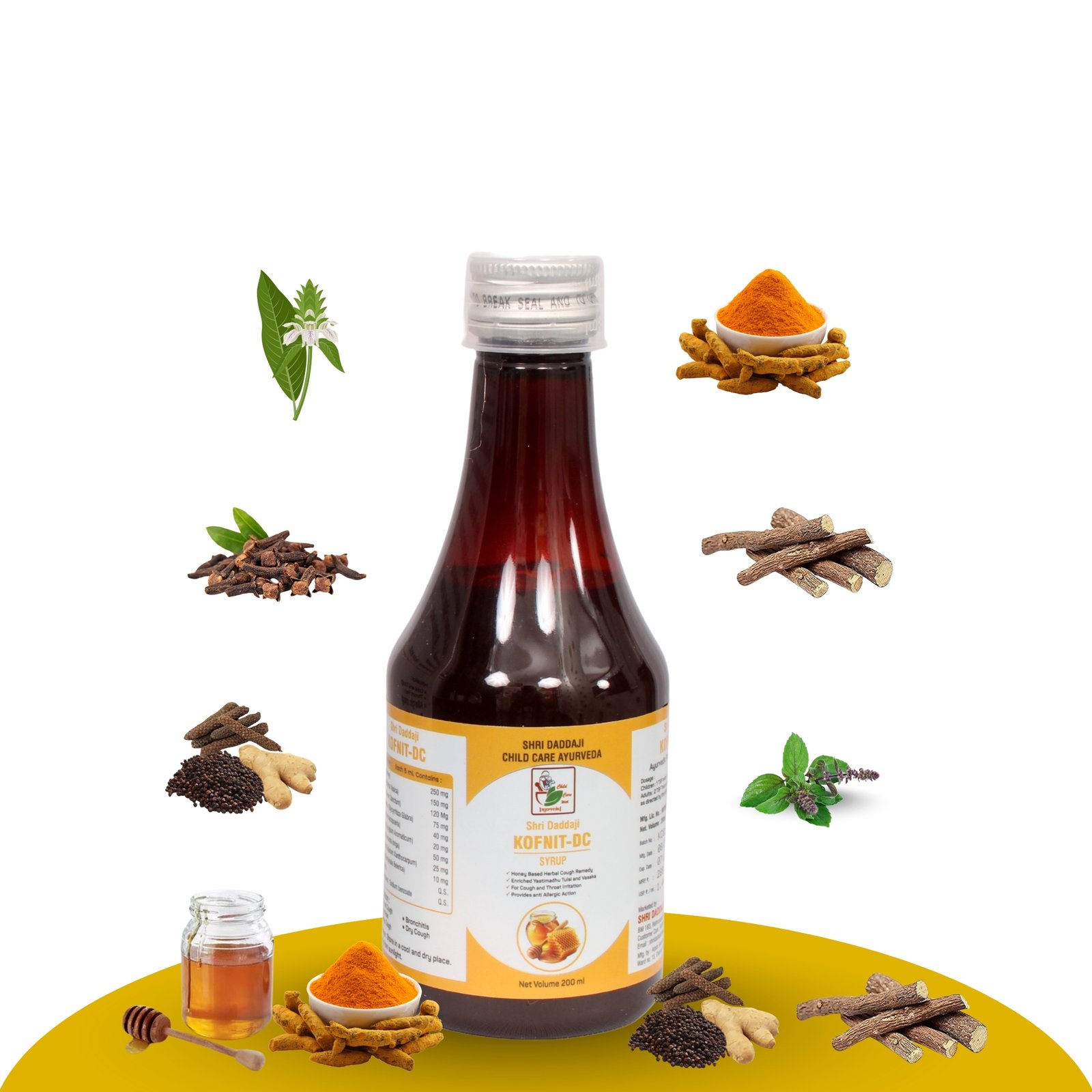 Shri Daddaji KOFNIT-DC Ayurvedic Cough Syrup | Natural Relief for Cold, Cough, Bronchitis, Sore Throat & Dry Cough | Honey, Tulsi, Mulethi & Herbs – 200ml