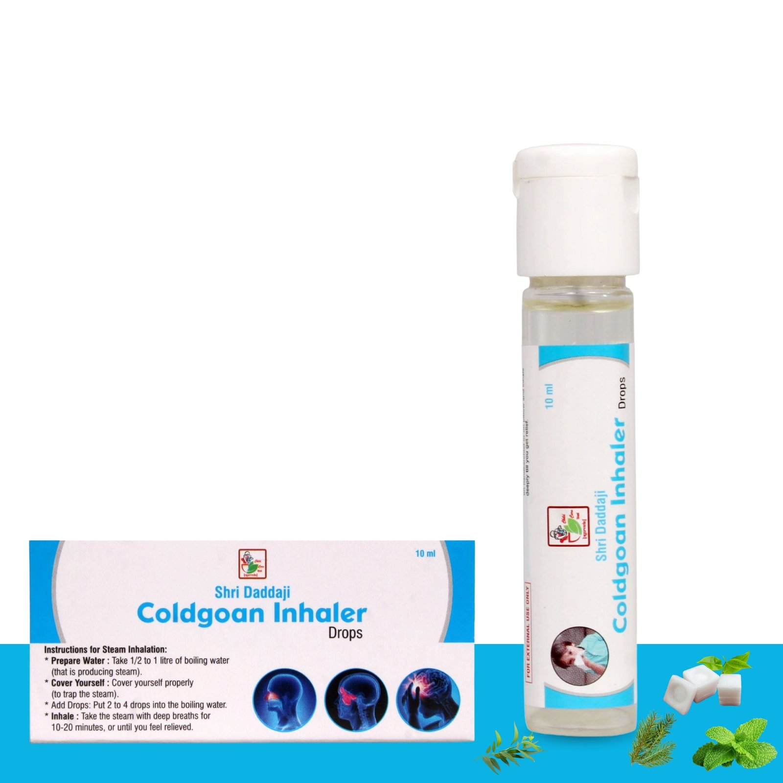 Shri Daddaji Coldgoan Inhaler Drops, Ayurvedic Nasal Relief,Ayurvedic Steam Inhalation Drops for Cold, Headache, Sinus & Nasal Congestion Herbal Oils with Menthol, Camphor, Eucalyptus, 10 ml
