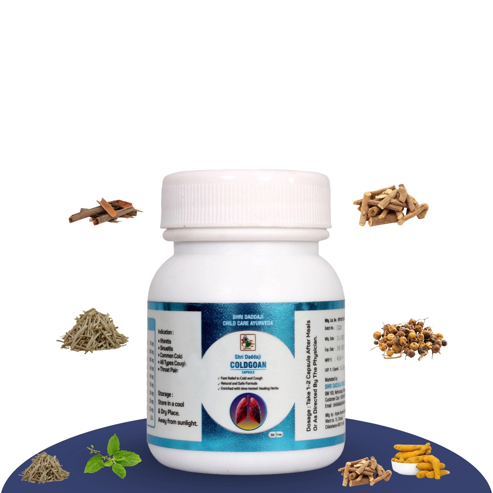 COLDGOAN Capsules, Natural Ayurvedic Medicine for Cold,Cough & Sinusitis Relief, Relief from Throat Pain & Common Cold, Herbal Supplement, 30 Count