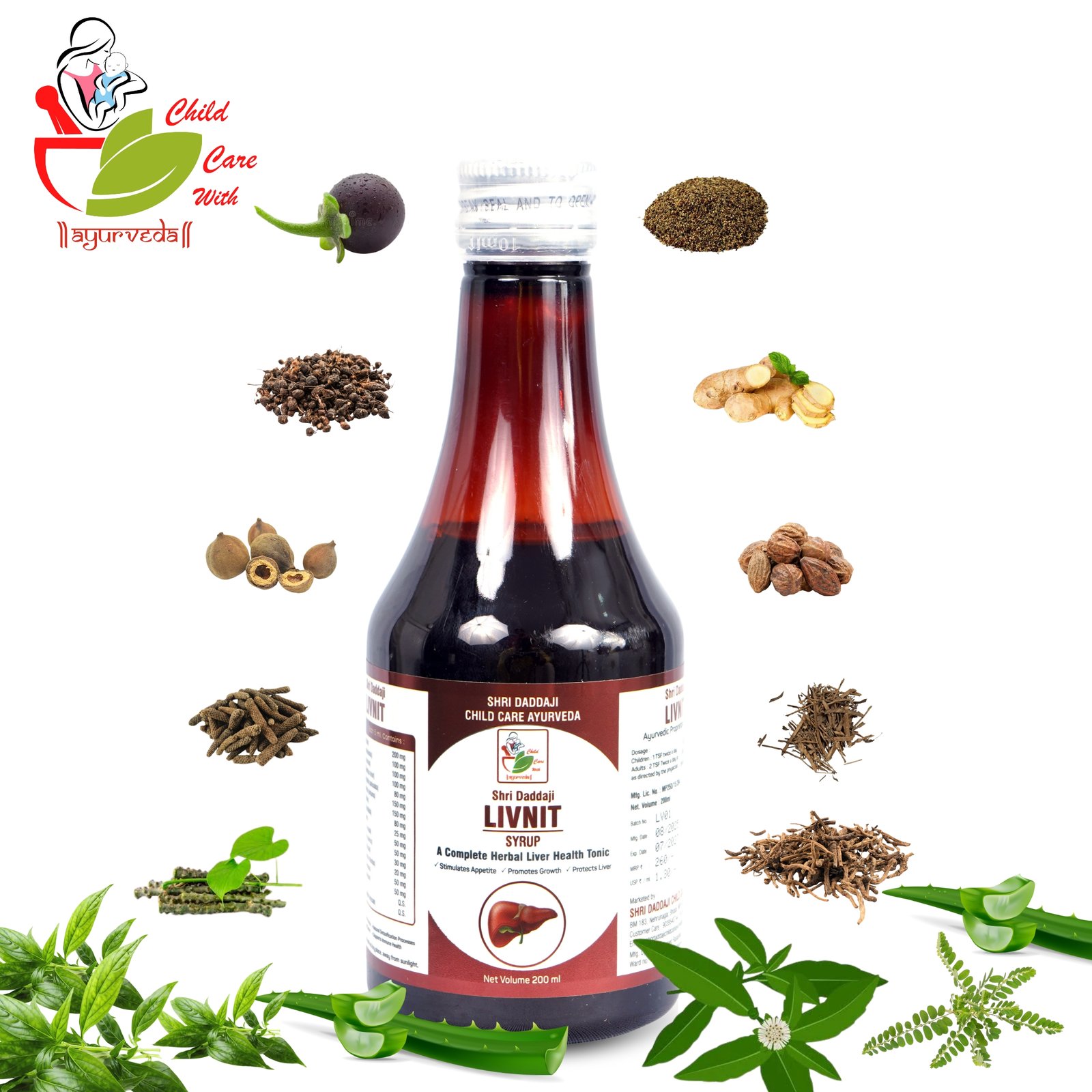 Shri Daddaji LIVNIT Syrup 200ml | Ayurvedic Liver Health Tonic | Herbal Detox for Healthy Liver, Digestion & Immunity | Boosts Appetite & Promotes Growth | Natural & Safe for All Ages