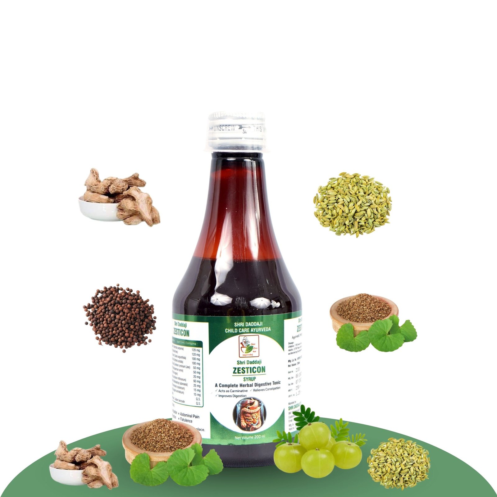 Shri Daddaji Zesticon Ayurvedic Digestive Syrup, Natural Herbal Tonic for Constipation, Gas and Bloating, 200 ml