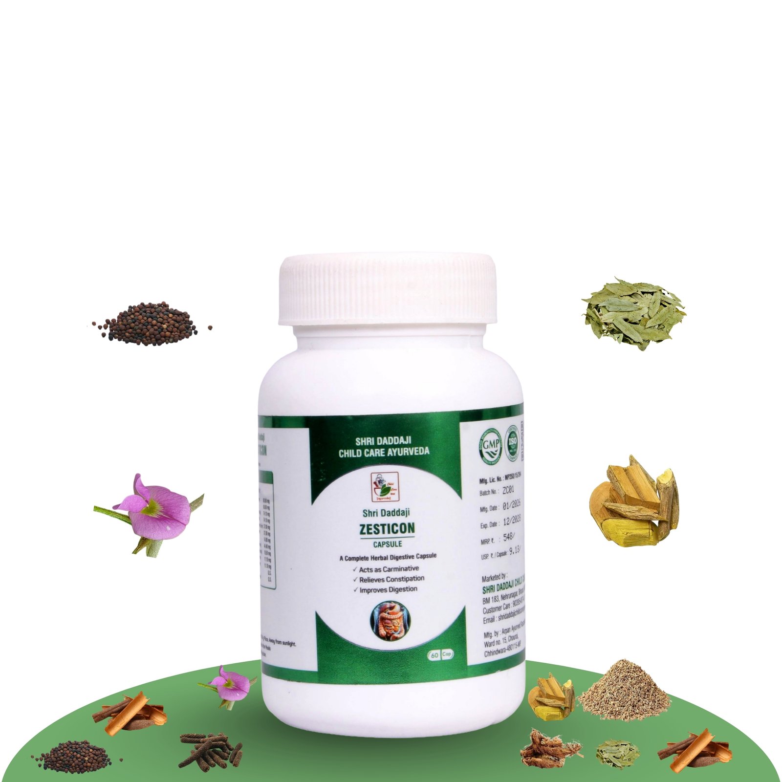 Shri Daddaji Zesticon Capsules – Ayurvedic Herbal Digestive Supplement for Constipation, Indigestion & Gas Relief – Improves Digestion & Relieves Abdominal Pain – 60 Capsules