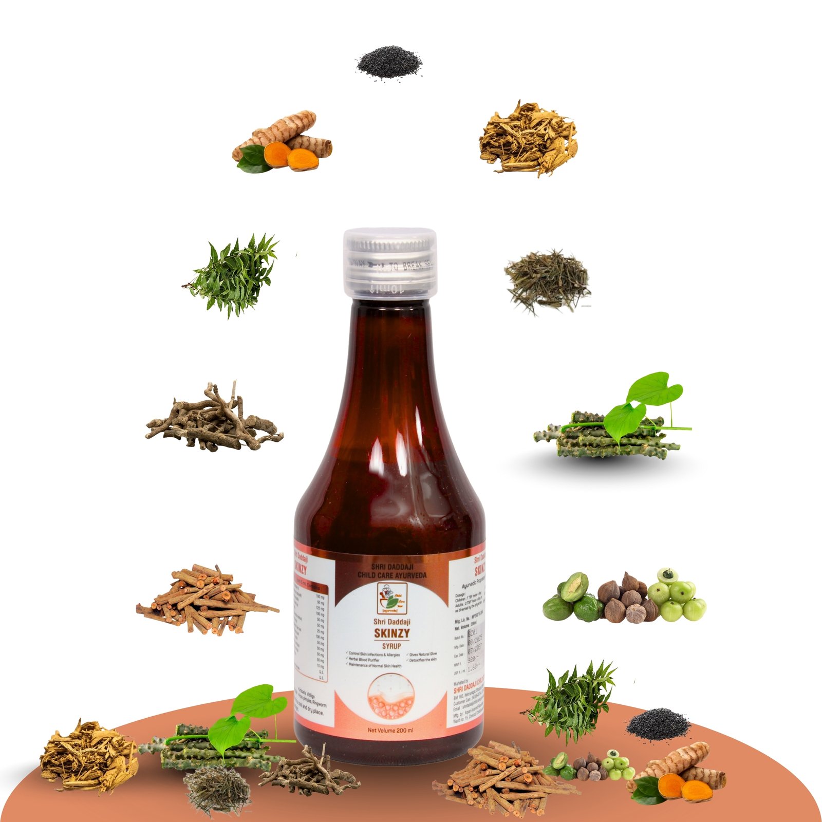 Shri Daddaji Skinzy Ayurvedic Syrup for Healthy & Glowing Skin | Blood Purifier | Pimples, Acne, Allergies, Rashes, Fungal Infections Relief | 100% Herbal Formula – 200ml