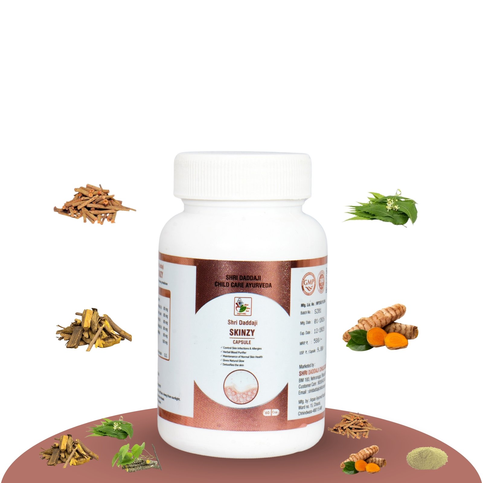 Shri Daddaji Skinzy Capsule, Ayurvedic Blood Purifier for Skin Allergy, Acne, Pimples, Itching and Rashes, Herbal Skin Detox, 60 Capsules