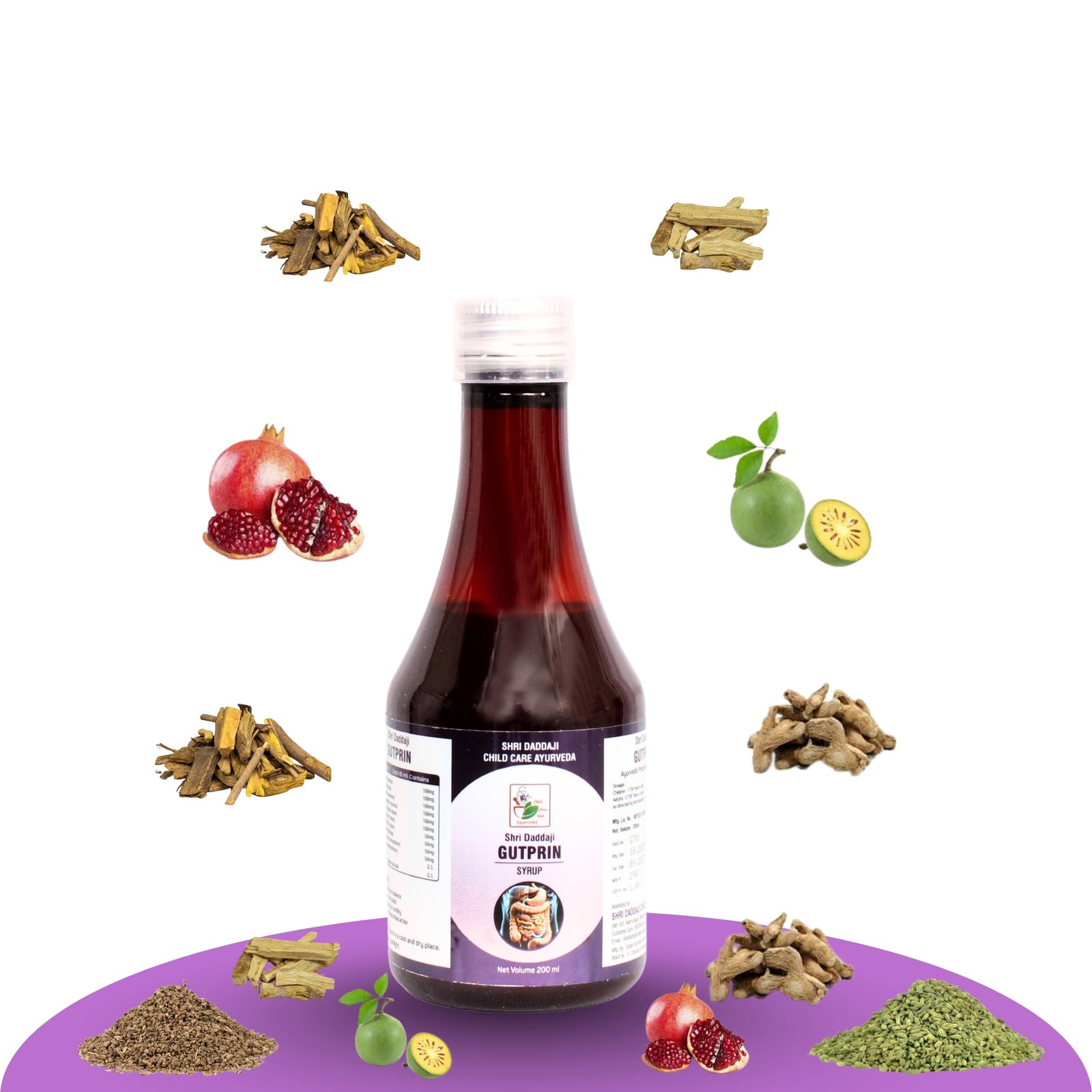 Shri Daddaji Gutprin Ayurvedic Digestive Syrup for Kids, Natural Herbal Formula with Dadim, Bilwa, Ajmoda, Badishep, 200ml