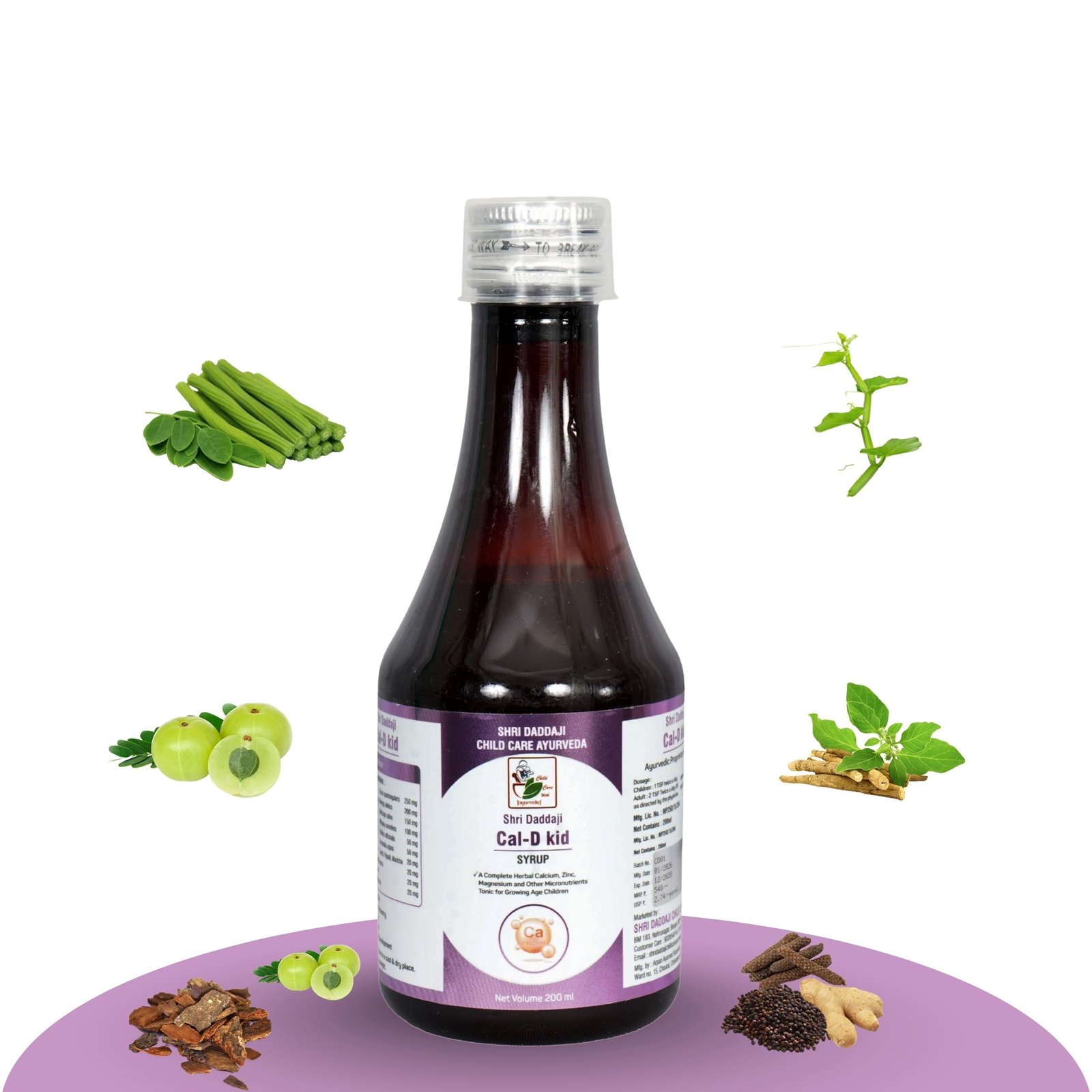 Shri Daddaji Cal-D Kid Syrup for Children | Ayurvedic Calcium, Zinc & Multinutrient Tonic | Supports Bone Strength, Growth & Development | For Calcium Deficiency, Weakness & Leg Pain | 200 ml