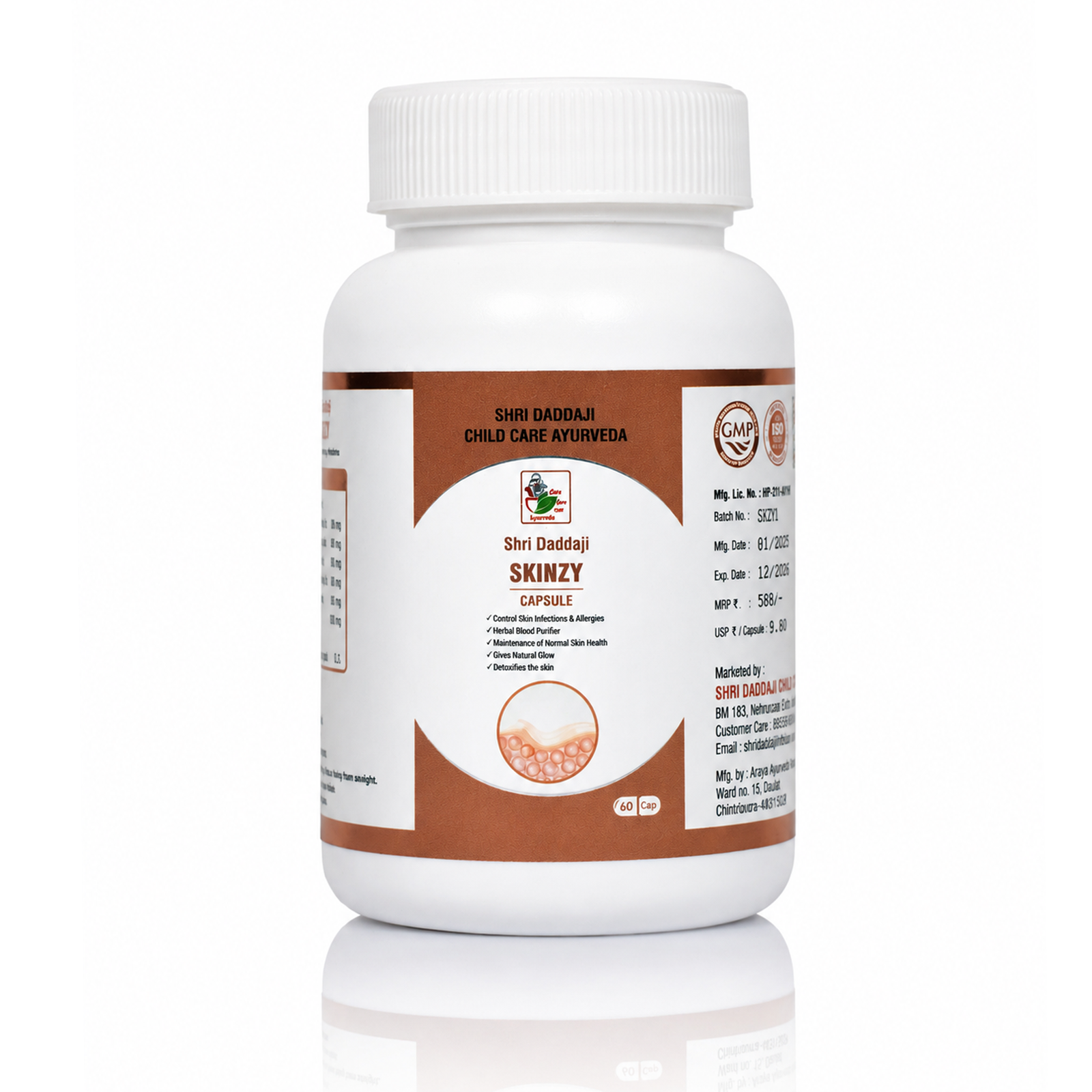 Shri Daddaji Skinzy Capsule, Ayurvedic Blood Purifier for Skin Allergy, Acne, Pimples, Itching and Rashes, Herbal Skin Detox, 60 Capsules