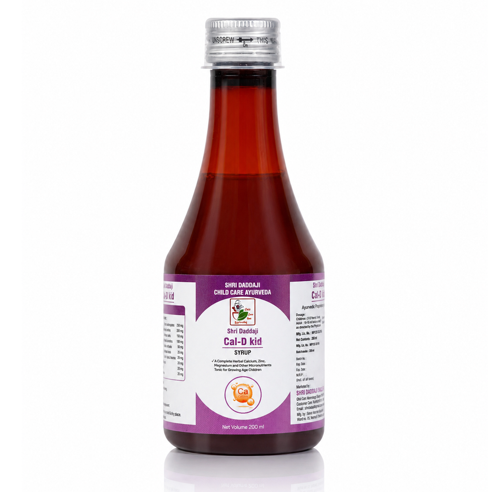 Shri Daddaji Cal-D Kid Syrup for Children | Ayurvedic Calcium, Zinc & Multinutrient Tonic | Supports Bone Strength, Growth & Development | For Calcium Deficiency, Weakness & Leg Pain | 200 ml