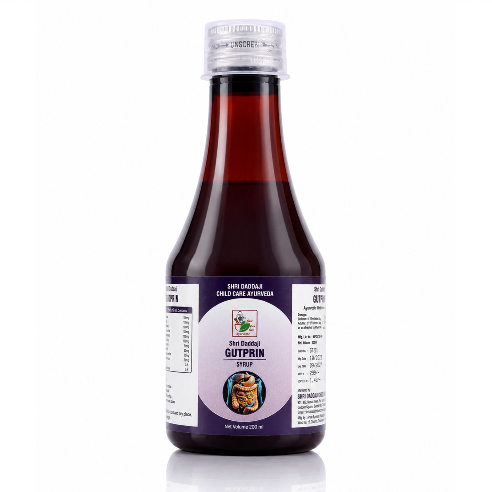 Shri Daddaji Gutprin Ayurvedic Digestive Syrup for Kids, Natural Herbal Formula with Dadim, Bilwa, Ajmoda, Badishep, 200ml
