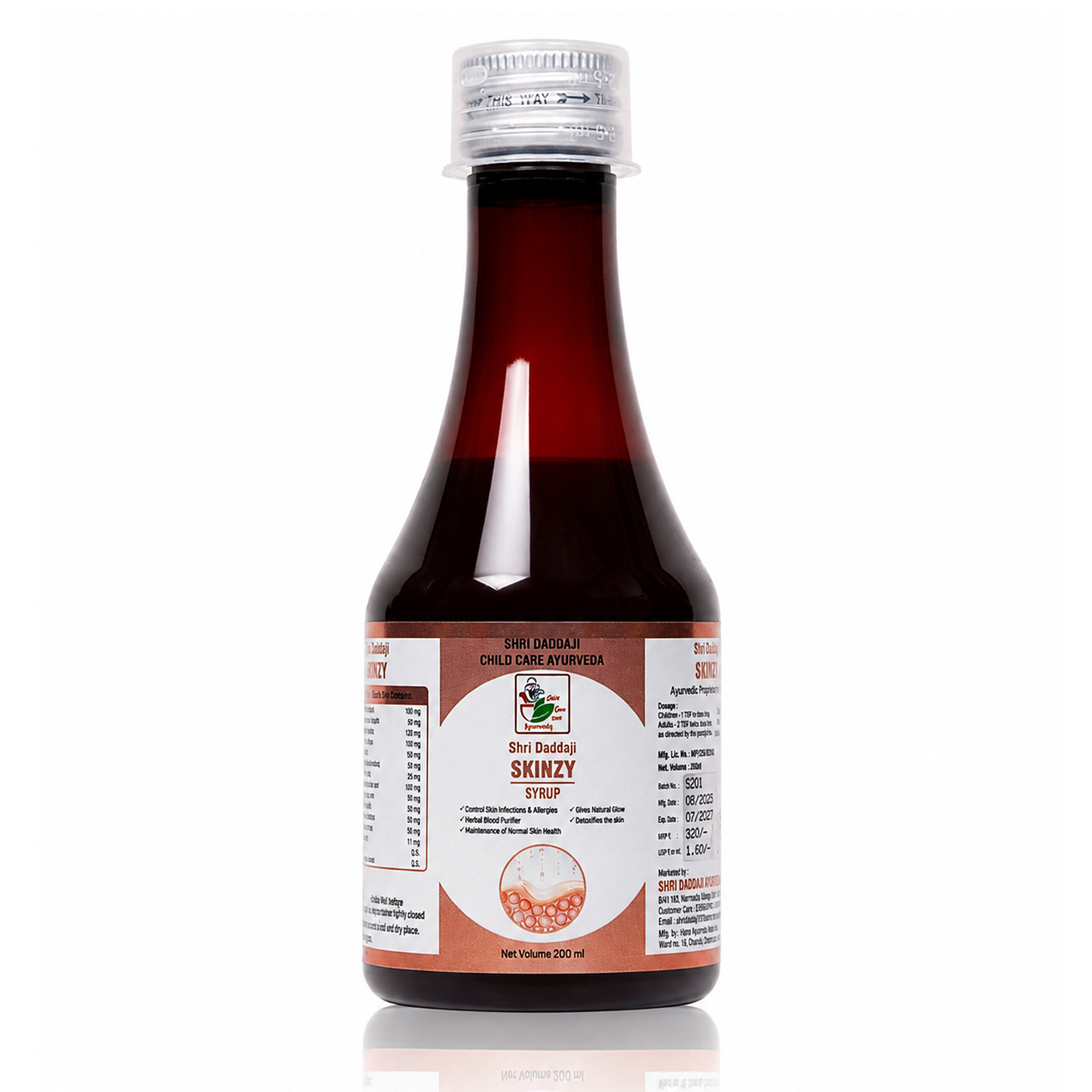 Shri Daddaji Skinzy Ayurvedic Syrup for Healthy & Glowing Skin | Blood Purifier | Pimples, Acne, Allergies, Rashes, Fungal Infections Relief | 100% Herbal Formula – 200ml