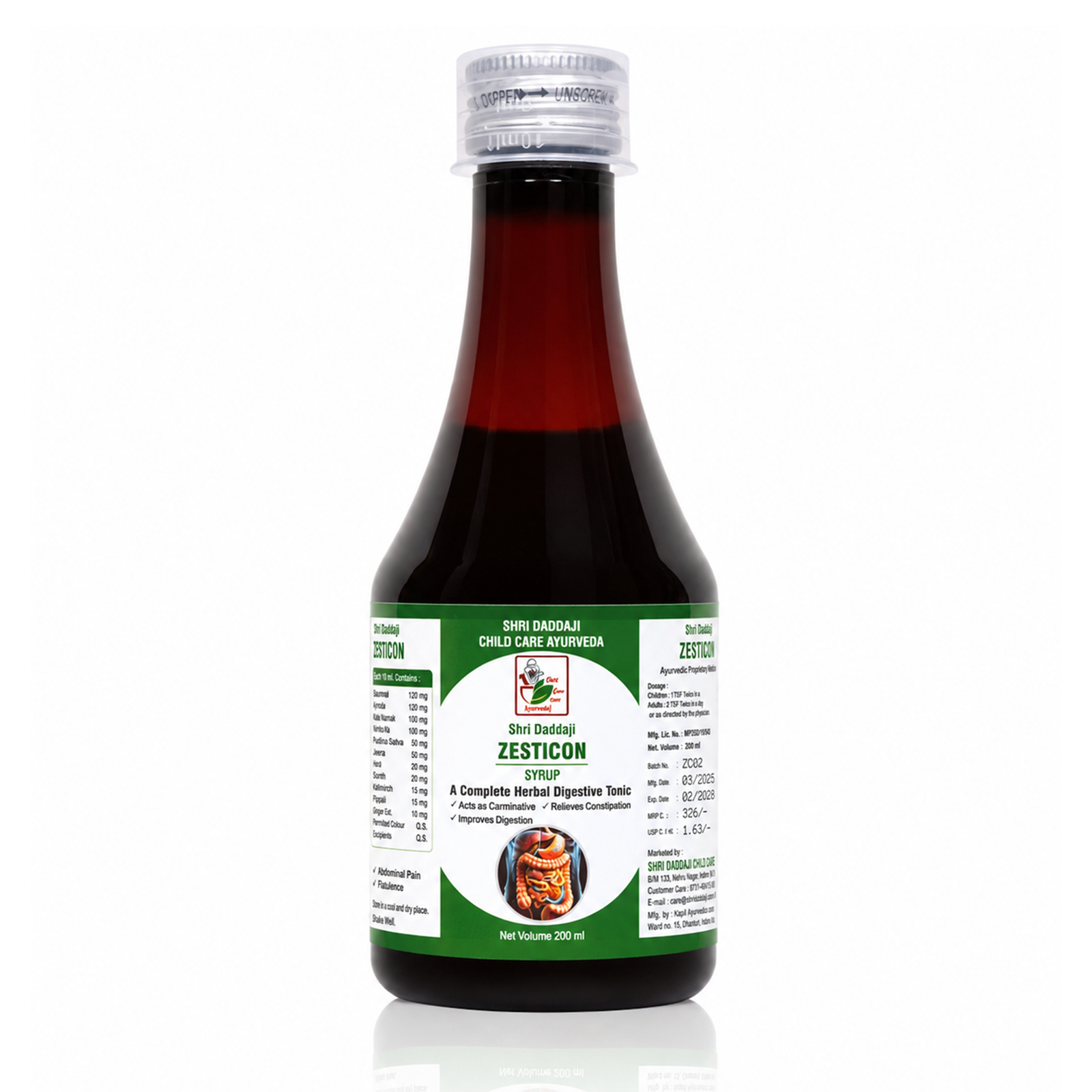 Shri Daddaji Zesticon Ayurvedic Digestive Syrup, Natural Herbal Tonic for Constipation, Gas and Bloating, 200 ml