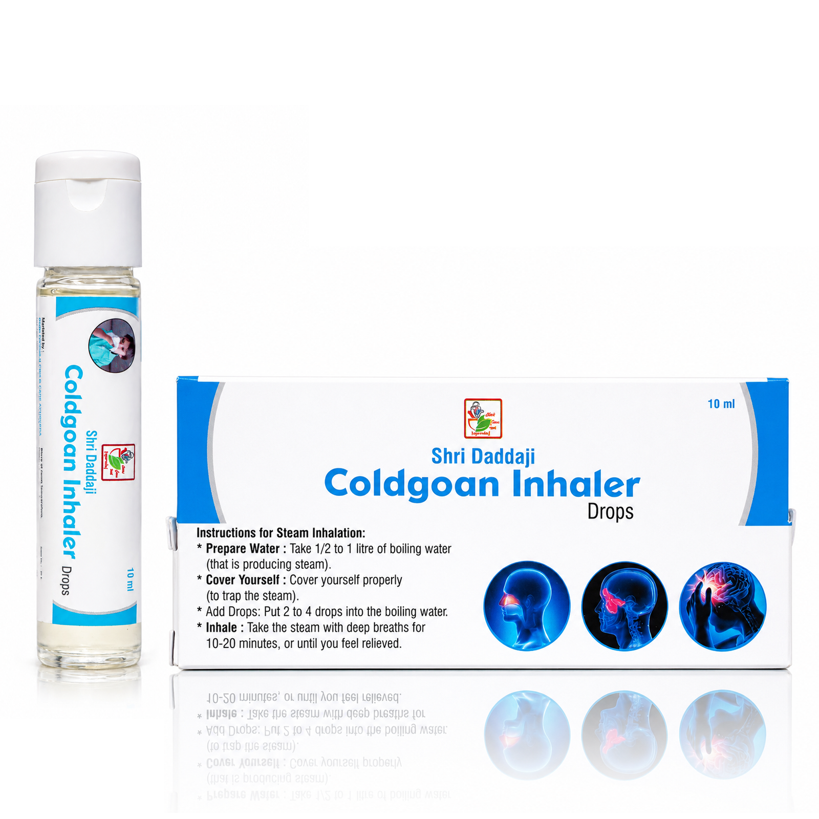 Shri Daddaji Coldgoan Inhaler Drops, Ayurvedic Nasal Relief,Ayurvedic Steam Inhalation Drops for Cold, Headache, Sinus & Nasal Congestion Herbal Oils with Menthol, Camphor, Eucalyptus, 10 ml