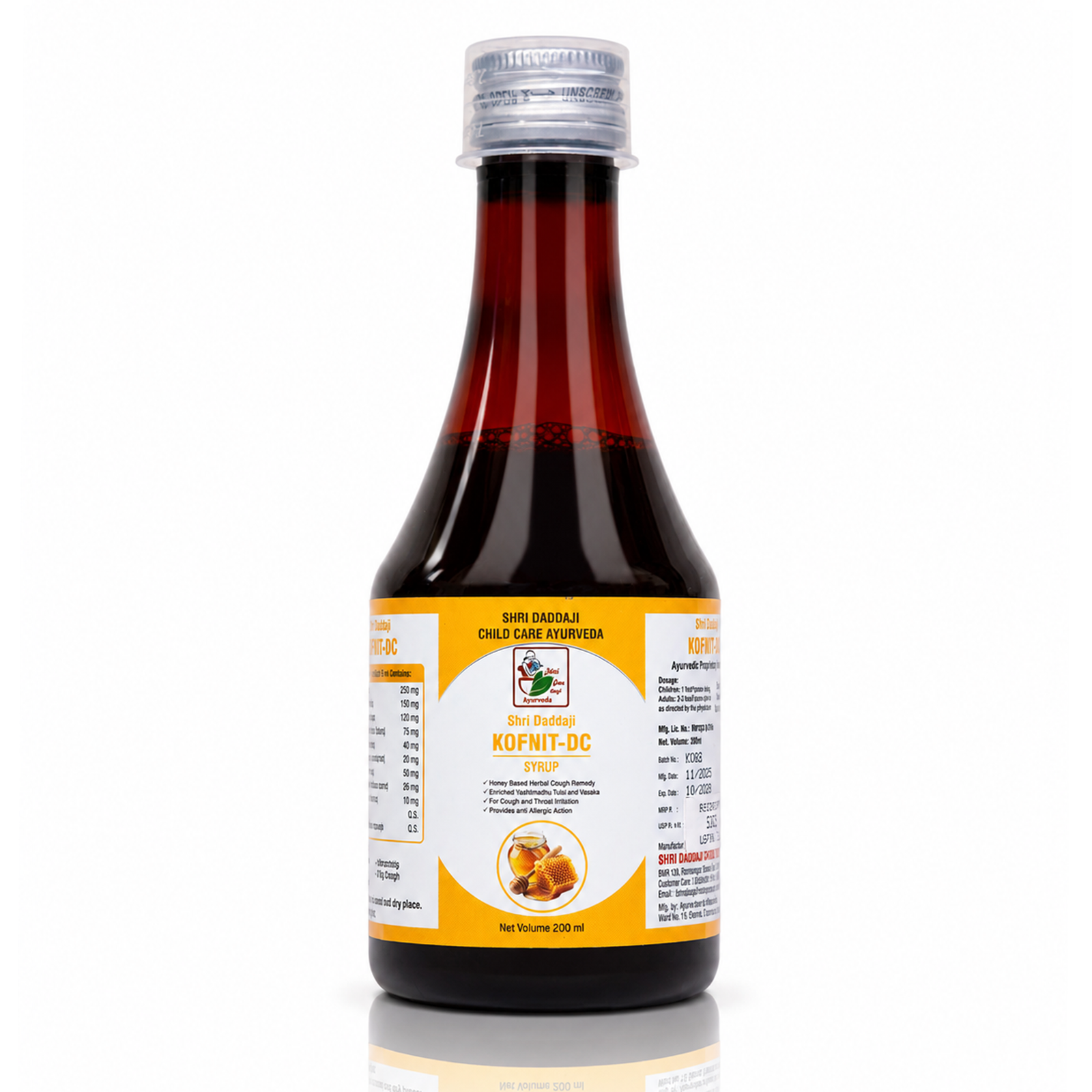 Shri Daddaji KOFNIT-DC Ayurvedic Cough Syrup | Natural Relief for Cold, Cough, Bronchitis, Sore Throat & Dry Cough | Honey, Tulsi, Mulethi & Herbs – 200ml