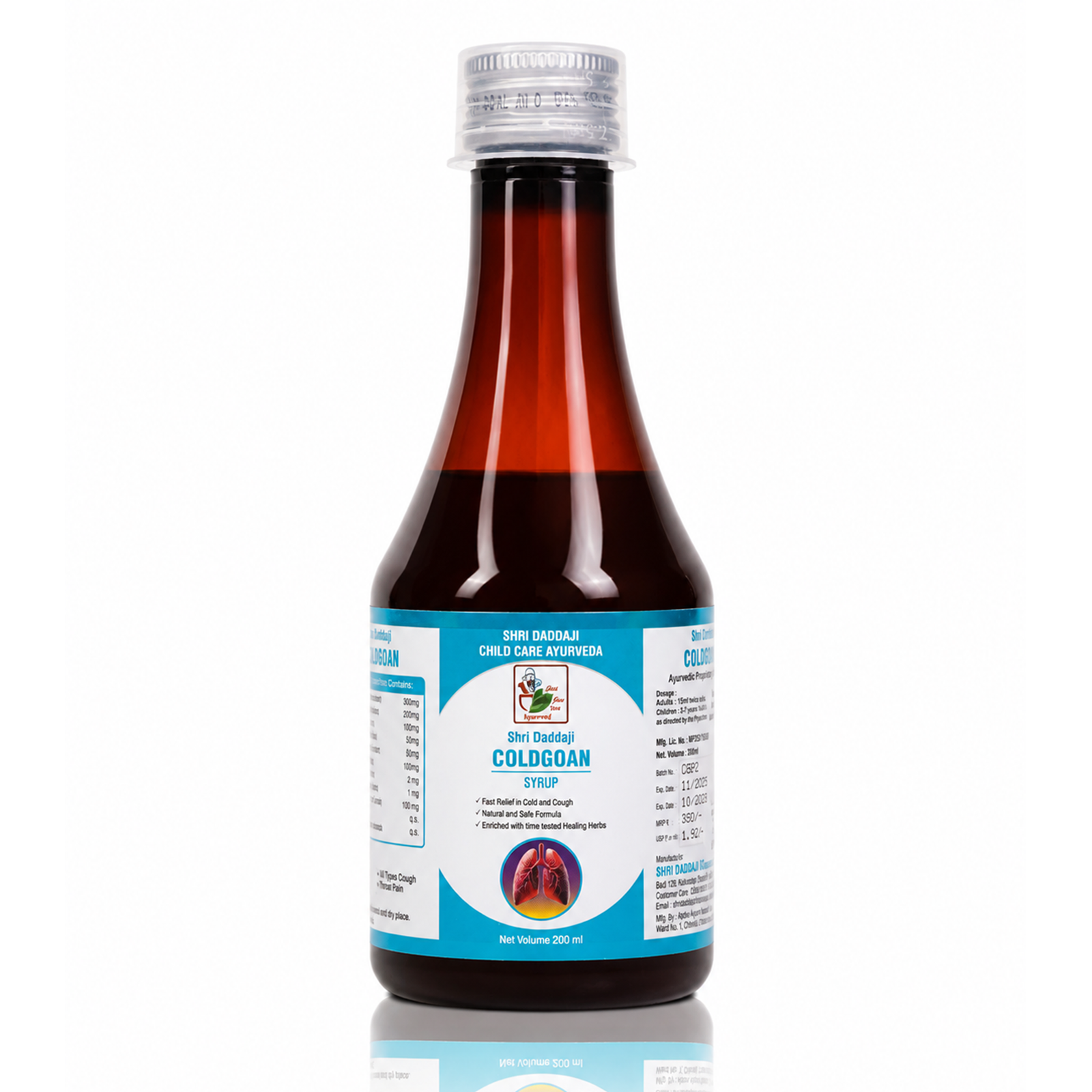Shri Daddaji Coldgoan Syrup 200 ml | Ayurvedic Cold & Cough Syrup for Children | Helps in Cold, Cough, Sinusitis & Throat Pain | Natural Herbal Formula with Tulsi, Vasa, Somlata