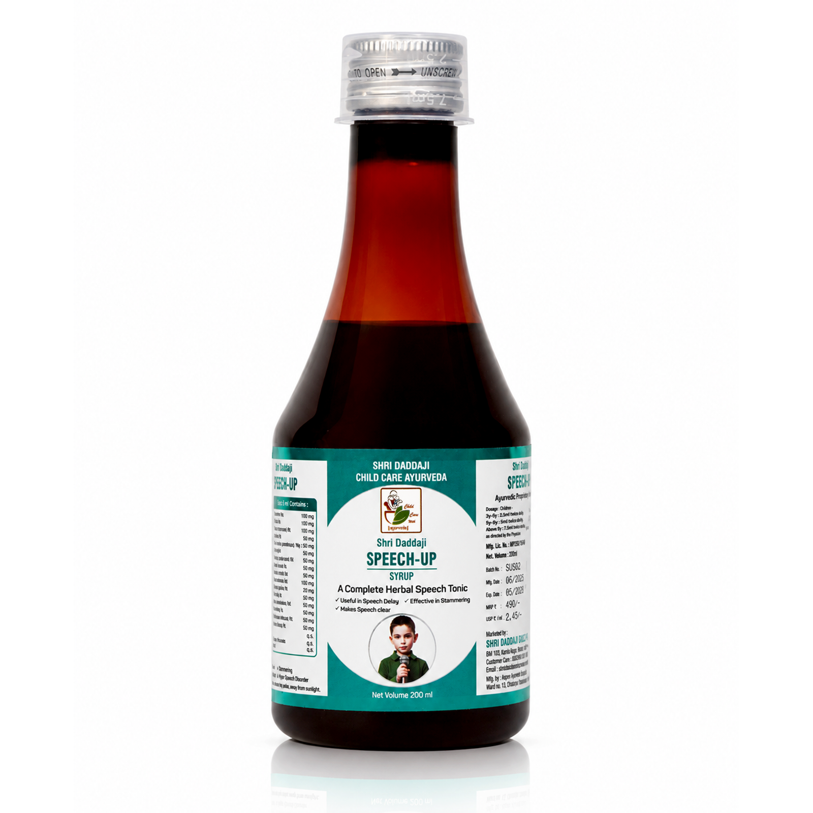 Shri Daddaji Speech-Up Syrup, 200ml, Ayurvedic Herbal Speech Tonic with Vacha, Brahmi and Shankhpushpi, Useful in Speech Delay, Makes Speech Clear