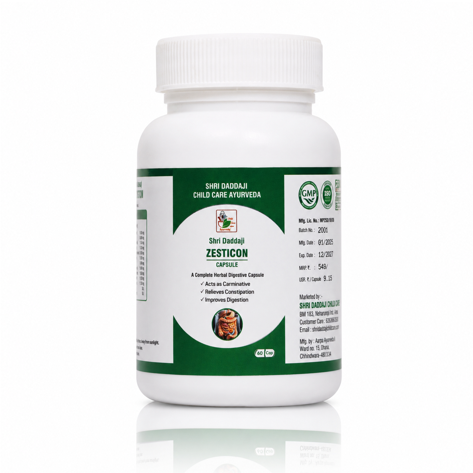 Shri Daddaji Zesticon Capsules – Ayurvedic Herbal Digestive Supplement for Constipation, Indigestion & Gas Relief – Improves Digestion & Relieves Abdominal Pain – 60 Capsules
